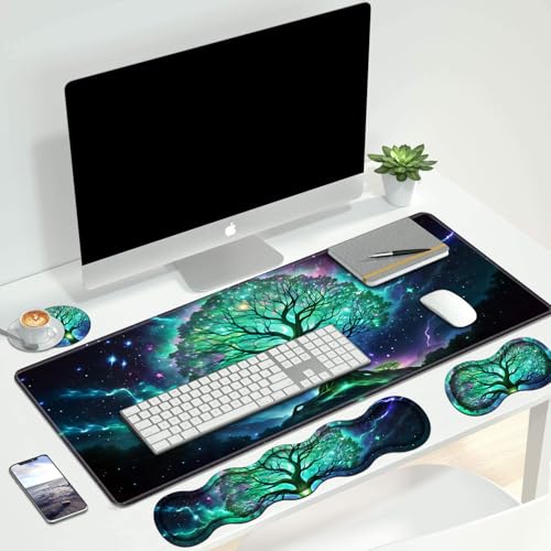 4 in 1 Ergonomic Keyboard Wrist Rest & Mouse Pad Wrist Rest Set, Large XXL Gaming Desk Mat 31.5"x 11.8" with Non-Slip Base, Memory Foam for Home Office Study Gaming, Tree of Life - color: Tree of Life