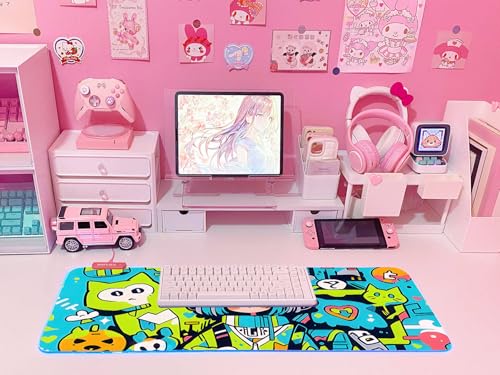 JMIYAV Pink RGB Gaming Mouse Pad 31.5x12 Inch PC XL Large Extended Glowing Led Light Up Desk Pad Non-Slip Rubber Base Computer Cute Mousepad Mat Desk Accessories Gaming Setup 377 - color: Neon Neko