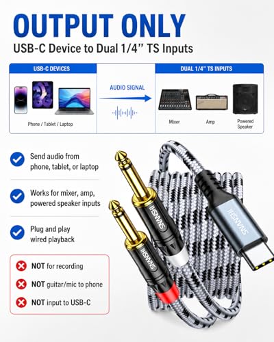 USB C to 1/4 inch Audio Cable 6.6FT - USB-C to Dual 6.35mm TS Mono Y-Splitter for DJ Mixer, Podcasting Music Production Connect Phone/Laptop to Amp, Mixer Speakers(Output ONLY ยท NOT for Recording)