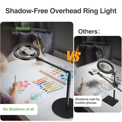 elitehood Overhead Phone Mount with Light for Video Recording, Adjustable Desk Ring Light with Stand and Phone Holder, Heavy Duty Overhead Camera Mount Tripod for iPhone Cooking Video, Filming Meeting - style: Desk Stand with Light