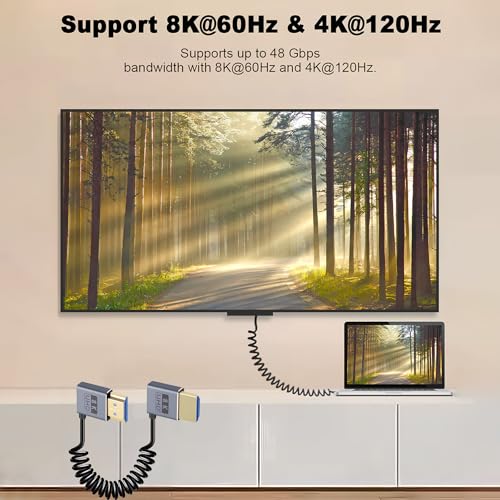 Duttek Coiled HDMI Cable1 FT-1.5FT 8K 60fps, 4K 120fps, Extremely Thin Left Angle to Right Angle HDMI Coiled Cable Short 480Gbps for ATOMOS Ninja V Sony A7siii Canon C300 C500 Ronin RS2 Monitor Camera