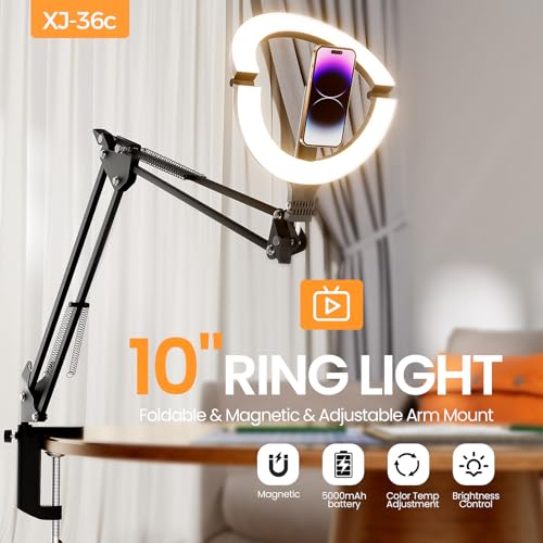 10" Magnetic Ring Light Overhead Camera Phone Mount, XINBAOHONG LED Selfie Light with Stand and Phone Holder, Rechargeable Desk Light for Video Recording