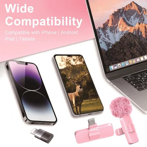 Pink Mini Wireless Microphone, Professional Lavalier Lapel Mic with USB-C & Lightning for iPhone, iPad, Android, iPhone Mic for Crystal Clear Recording, Video Making, Vlogging, Content Creators