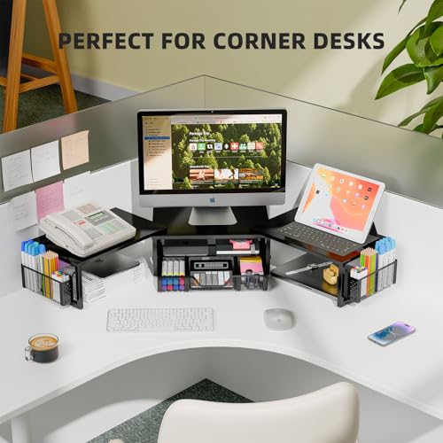 Simple Trending Dual Monitor Stand Riser with Drawer and 2 Pen Holders, Desk Organizer with Storage, Black