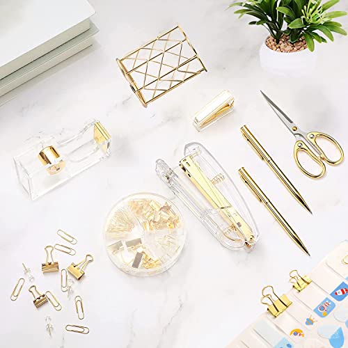 Famassi Gold Desk Accessories,Office Supplies Set Acrylic Stapler Set Staple Remover, Tape/Pen Holder, 2 Ballpoint Pen, Scissor, Binder/Paper Clips and 1000pcs Staples. - color: Gold