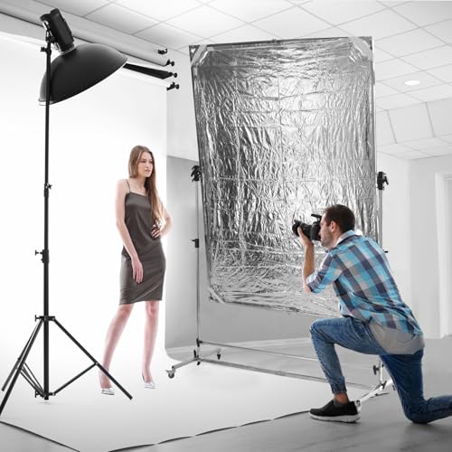 WELLMAKING 79x59 inch Professional Photography Light Diffuser Screen - 360° Rotatable Frame, Quick Setup, Adjustable Stand with Casters for Studio Portrait Video Shooting, White, Silver, Black
