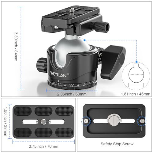 WEYLLAN EH46L Lever Ball Head with Stainless Steel Lock Pin, 46mm Low Profile Heavy Duty Tripod Ball Head Mount with Arca Swiss Quick Release Plate for Tripod Monopod DSLR Camera Camcorder Telescope - size: 46mm Ball