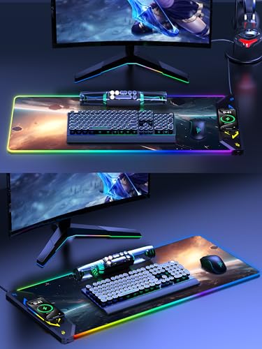 TopMade Wireless Charging Mouse Pad, RGB Gaming Mousepad, 35.4" x 15.8" Extra Large Waterproof Keyboard Desk Pad, Computer Desk Mat, Cosmic Planet (Includes 20W PD Power Adapter & 6.56ft Woven Cable) - color: RGB-Cosmic Planet-35.4"x15.8"-with Adapter