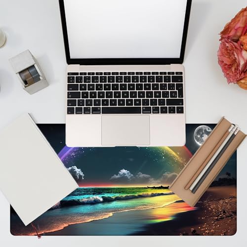 Desk Mat, Rainbow and Full Moon Desk Pad, Beach at Night Large Gaming Mouse Pad for Desk, 31.5"x15.7" Extended Big Computer Keyboard Mouse Pad with Non-Slip Base and Stitched Edge - color: Rainbow and Full Moon