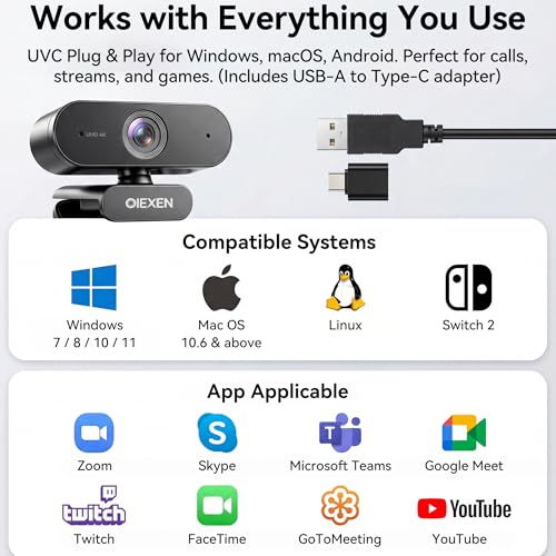 4K Ultra HD Webcam with 1/2.8''CMOS Sensor,PDAF Auto Focus 1080P@60FPS,Dual Noise-Canceling Mics, Privacy Cover,USB Streaming Webcam for PC/Mac,Gaming,Video Calling,Live Streaming&Meetings