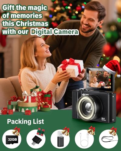 W & O Digital Camera for Teens,Y2K CCD Kids Digital Camera with 32G SD Card,180° Flip Screen Camera for Photography Vlogging with Fill Light, Point and Shoot Digital Cameras for Beginner(Black) - color: Black