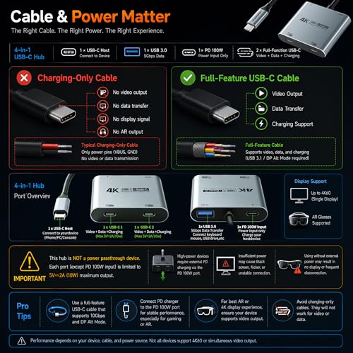 Guermok 4-in-1 Dual USB-C Display Hub, 4K@60Hz Video Output, PD 100W Input & USB 3.0 5Gbps, Compatible with AR Glasses, Switch 2, Laptops, Portable Monitors & Type-C Displays(Silver)