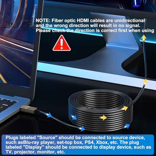 Soonsoonic Fiber Optic HDMI Cable 150ft,18Gbps 4K@60Hz(4:4:4) Unidirectional Active 2.0 Cord,Support HDR10 ARC HDCP 2.2 3D CEC Atmos DTS:X, Ultra high Speed Flexible and Slim(45m) - size: 150FT