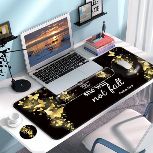 Desk Mat Set + Keyboard and Mouse Pad with Wrist Rest Support,4-in-1 Large Mousepad Computer Mats for Desktop Home & Office-Golden Butterflies - color: D2-Golden Butterflies