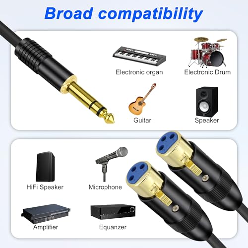 XMSJSIY 1/4" 6.35mm TRS to Dual XLR Y Splitter Stereo Audio Cable 1/4 Inch TRS Male Plug to 2 XLR Female Microphone Patch Adapter Cable Cord for Speaker Mic Guitar Mixer AMP - 0.5M/1.6FT