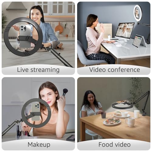10" LED Ring Light with Overhead Phone Stand, CRI≥95 1200lm Dimmable Lighting, Adjustable Metal Arm with Remote & Phone Holder, for Streaming, Makeup, Zoom Calls, Photography