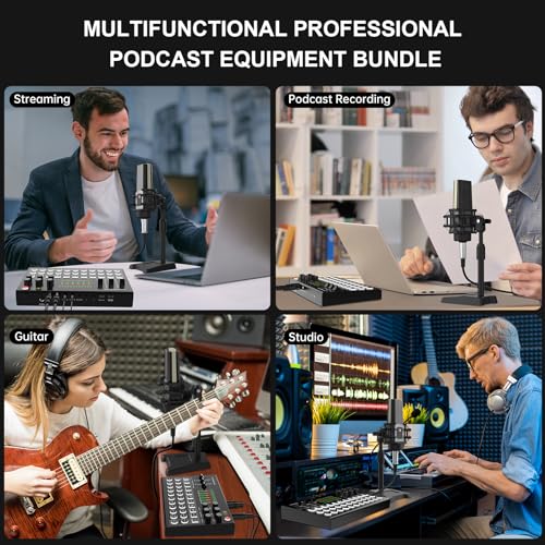 RHM M9 Podcast Equipment Bundle, All-in-One Starter Kit with Condenser Microphone & Tripod, Support Guitar or Bass Connection, 8H Battery, Portable Sound Mixer for TikTok, YouTube, PC, Smartphone