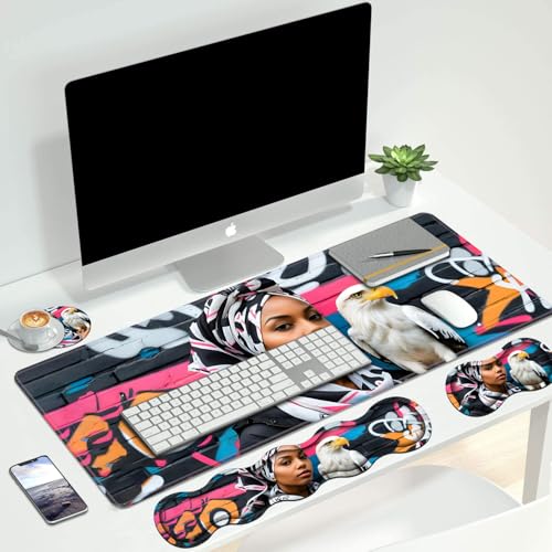 4 in 1 Ergonomic Keyboard Wrist Rest & Mouse Pad Wrist Rest Set, Large XXL Gaming Desk Mat 31.5"x 11.8" with Non-Slip Base, Memory Foam for Home Office Study Gaming, American Black Girl Bald Eagle - color: American Black Girl Bald Eagle
