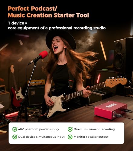 TISINO Audio Interface 24Bit/192kHz, USB Audio Interface for Recording, Songwriting, Streaming and Podcasting, Plug & Play Studio Interface with 48V Phantom Power, PC/Mac/iOS Compatible,RED