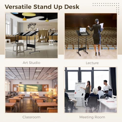 Mobile Podium, Adjustable Standing Desk with Caster Wheels, Adjustable Height 360° Swivel Desktop, Versatile Podium Laptop Desk Stand Up Desk Easel Presentation Lectern (Black) - color: Black