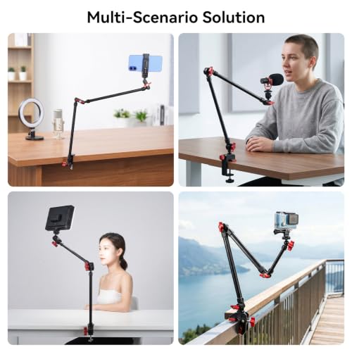 UEEBIT 33" Camera Arm with Desk Super Clamp, Articulating Extra-Long Magic Arm 360° Ball Heads with 1/4" & 3/8" Threads Screws for Phone, Mic, Light, Webcams, Action Camera (Black Red) - size: 33inch