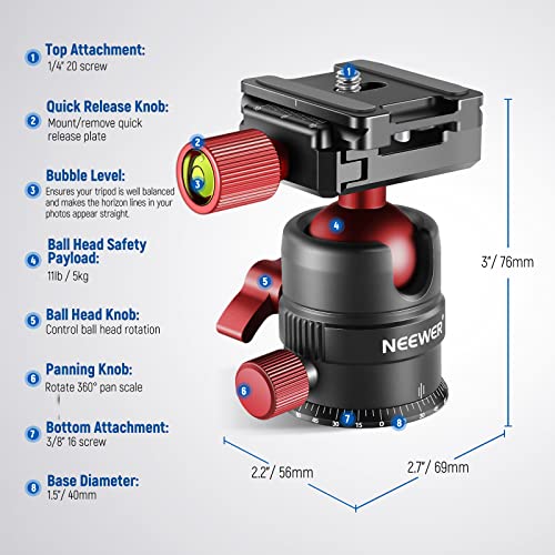 NEEWER Tripod Head, 360° Rotating Panoramic Ball Head with 1/4” Quick Shoe Plate for Tripod Monopod Slider DSLR Camera Camcorder, Max Load up to 5kg/11lb – GM28 - style: GM28