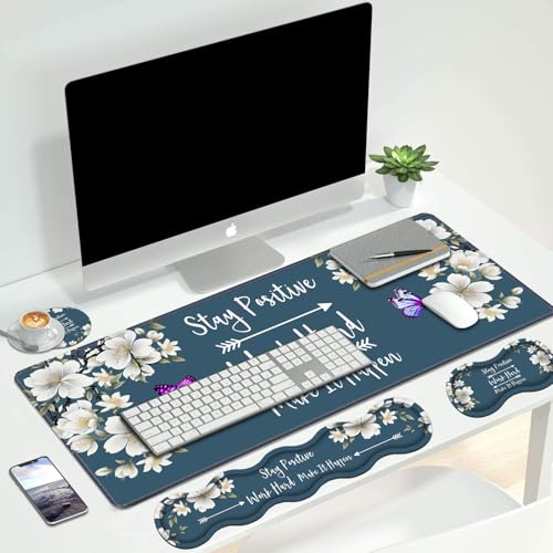 4 in 1 Ergonomic Keyboard Wrist Rest & Mouse Pad Wrist Rest Set,Stay Positive Work Hard and Make It Happen Inspirational Quote Large XXL Gaming Desk Mat with Non-Slip Base for Home Office Study Gaming - color: Stay Positive Work Hard and Make It Happen