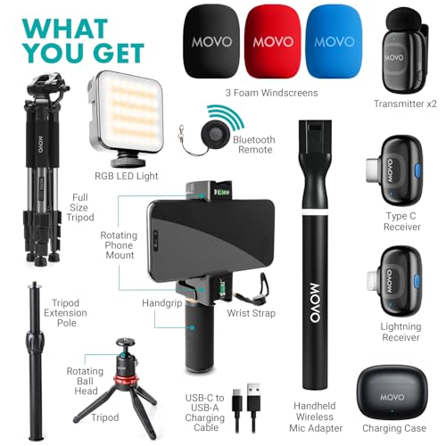 Movo iVlogger-PRO Wireless Vlogging Kit for iPhone/Android with Fullsize Tripod - YouTube Starter Kit with Wireless Microphone, Tripod, LED Light for Content Creators