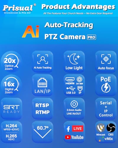 Prisual PTZ Camera Gen 5 AI Auto Tracking, 20X Optical Zoom | SDI HDMI PoE USB IP Streaming, Reliability Metal body for Church Worship Education vMix OBS (TEM-20S PRO) - color: Gunmetal Gray