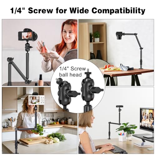Overhead Camera Mount for Desk, 30.9" Foldable Camera Desk Mount Stand with 1/4" Screws, 360° Rotation 3-Sections Tabletop Holder with C-Clamp for DSLR, Digicam, Webcam, Mini Projector, Microphone