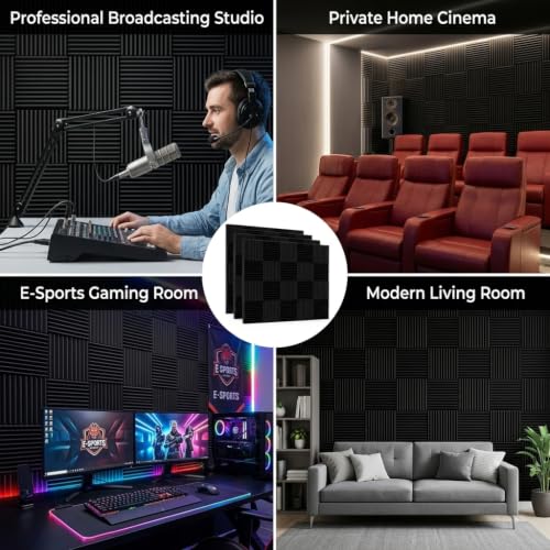 52 Pack Black blue 1" x 12" x 12" Acoustic Wedge Studio Foam Sound Absorption Wall Panels(Accompanied By Double-Sided Adhesive Tape) - color: BLACK blue