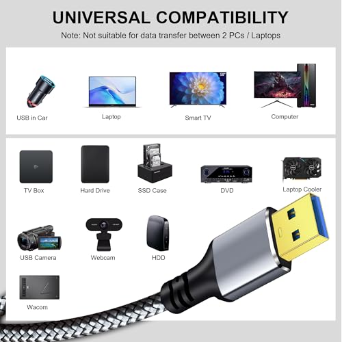 Tan QY USB 3.0 A to A Male Cable 10Ft, USB Male to Male Cable Double End USB Cord Compatible with Hard Drive Enclosures, DVD Player, Laptop (Silver, 10FT) - size: 10FT
