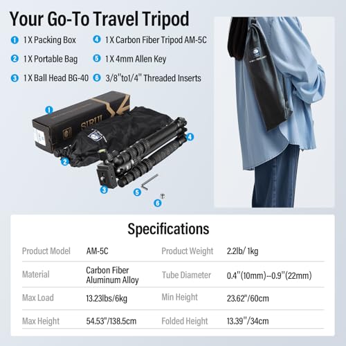 SIRUI Lightweight Carbon Fiber Travel Tripod, 6kg Load Capacity Compact Camera Support with Carry Bag, Portable for DSLR Mirrorless Cameras, Max Height 54" for Hiking Vacation Vlogging - size: AM-5C - 54 inches