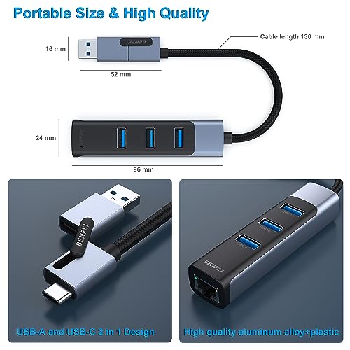 BENFEI 4in1 USB-C/USB 3.0 to Ethernet Adapter with 3*USB 3.0 Ports Compatible for iPhone 15 Series, MacBook Pro/Air 2023/2022/2021/2020/2019 and More - style: USB upright