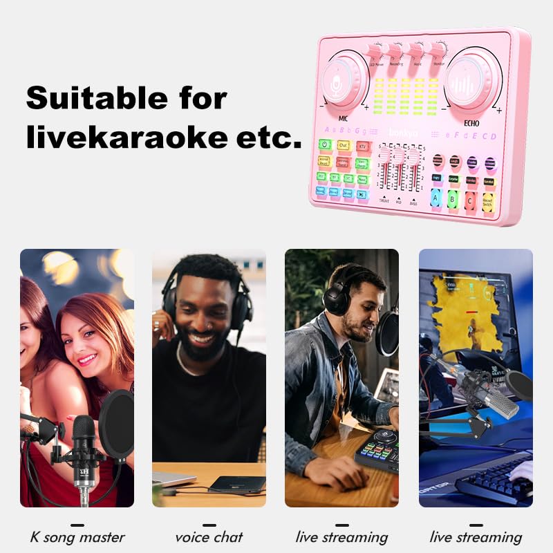 Podcast Equipment Bundle: Audio Interface & DJ20 Mixer with XLR Mic, Voice Changer, 2400mAh Battery for Podcasting, TikTok Live Streaming, and Gaming (Pink)