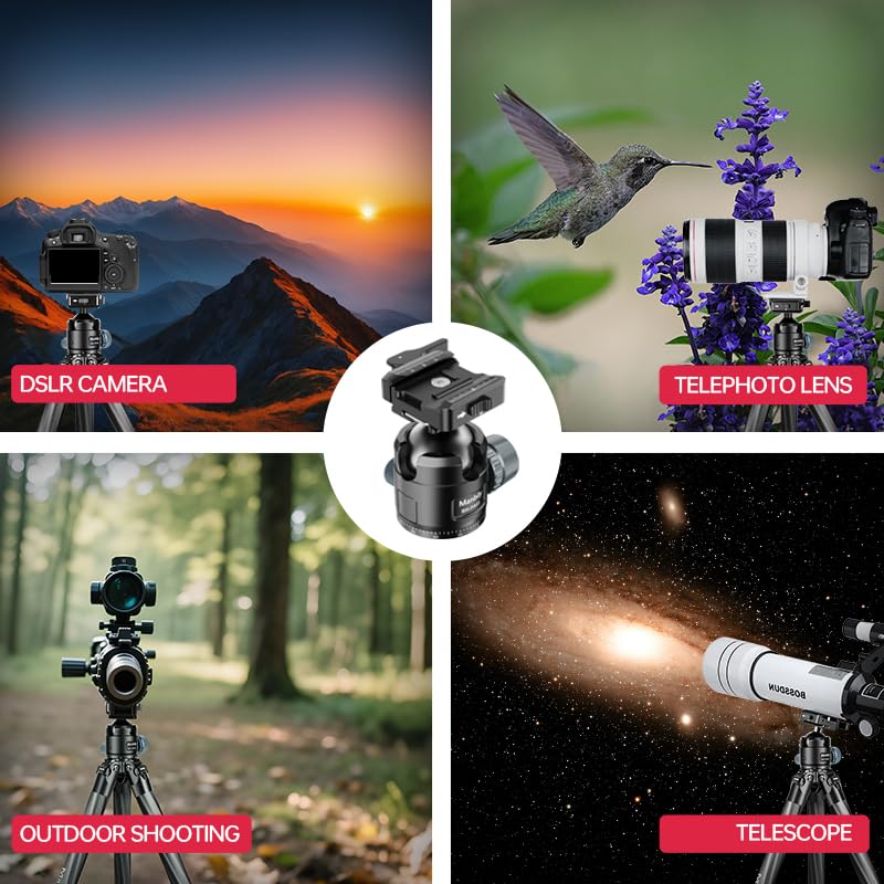 Manbily Low Profile Ball Head, 44mm Tripod Head with Picatinny to Arca-Swiss Adapter and 1/4" Quick Release Plate, CNC Aluminum 360° Head for Hunting Shooting Tripod DSLR Camera, Max Load 44lbs/20kg