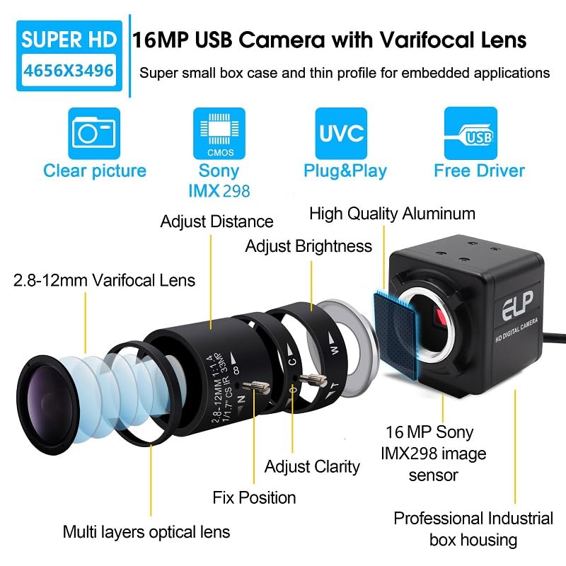 USB Camera 16 Megapixes High Resolution 5K USB Webcam with CS Mount 5-50mm Manual Varifocus Lens Close UP OpenCV Camera Free Driver Plug and Play for Windows Linux Laptop Jetson Nano