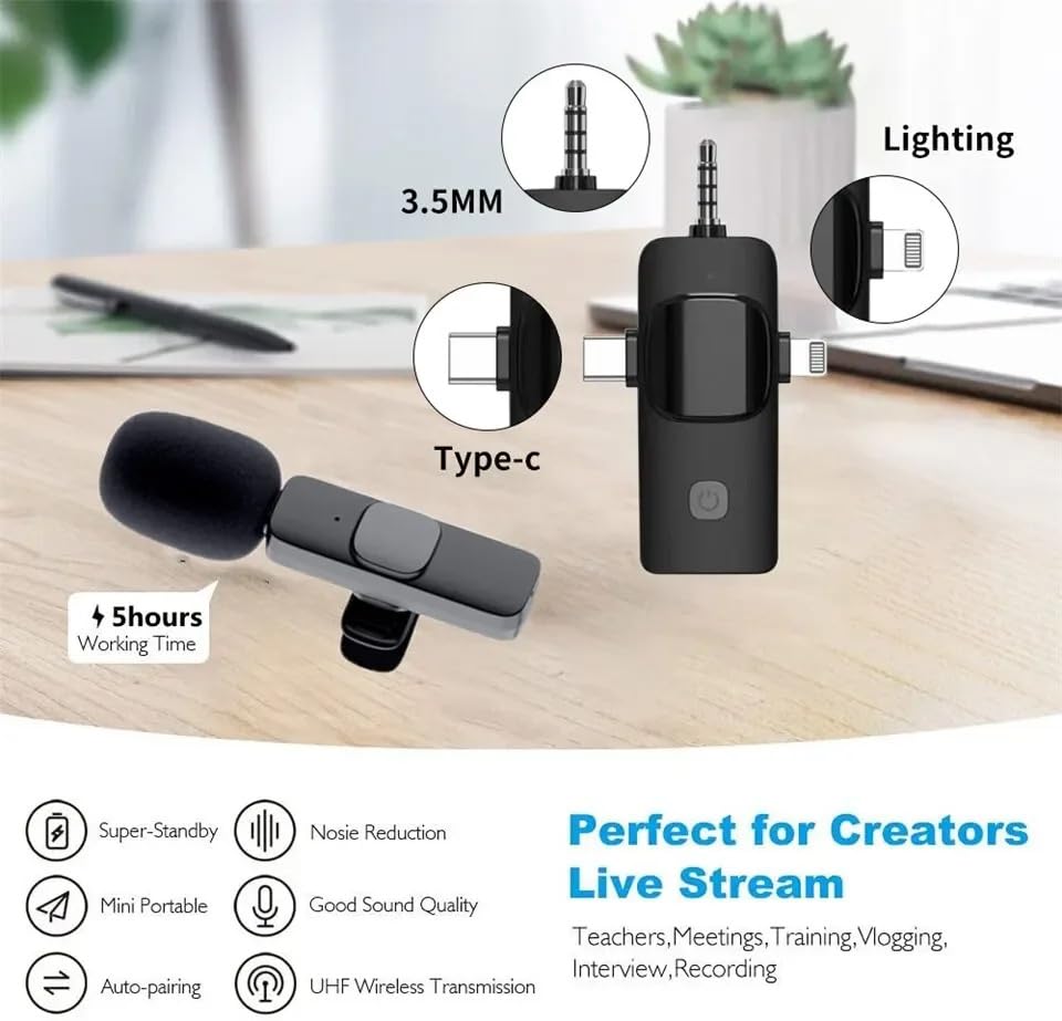 Wireless Lavalier Microphone for iPhone/iPad/Android Phone/Laptop,Plug-Play Lapel Clip-On Mic with Noise Reduction for Video Podcast Vlog Recording/Live Steam/Interview/TikTok/YouTube