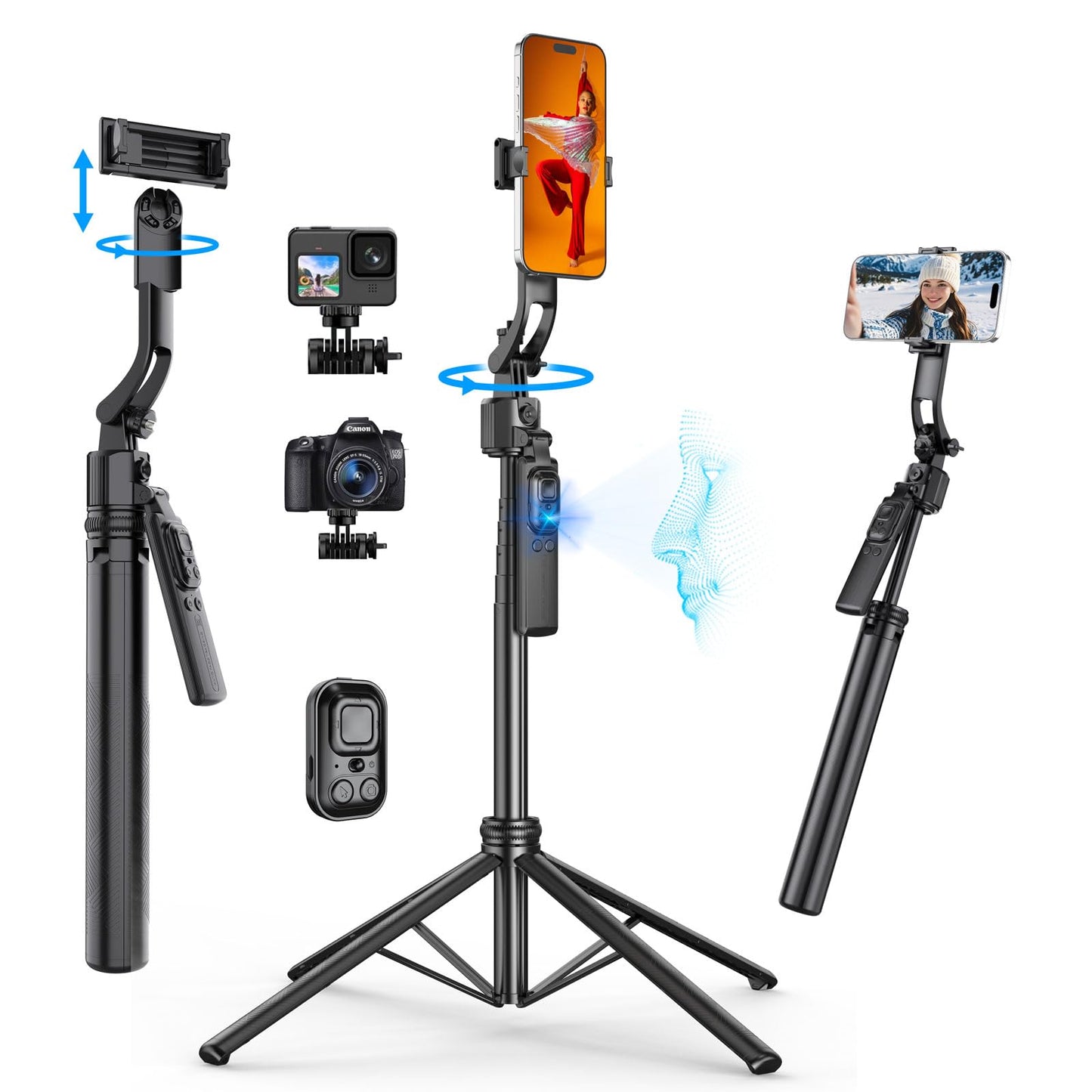 FOURPILLARS Auto Face Tracking Selfie Stick Tripod for iPhone & Android | 360° Ai Tracking Follows Your Movement, No App Required, Remote Control, Extendable For Vlogs And Live Streams