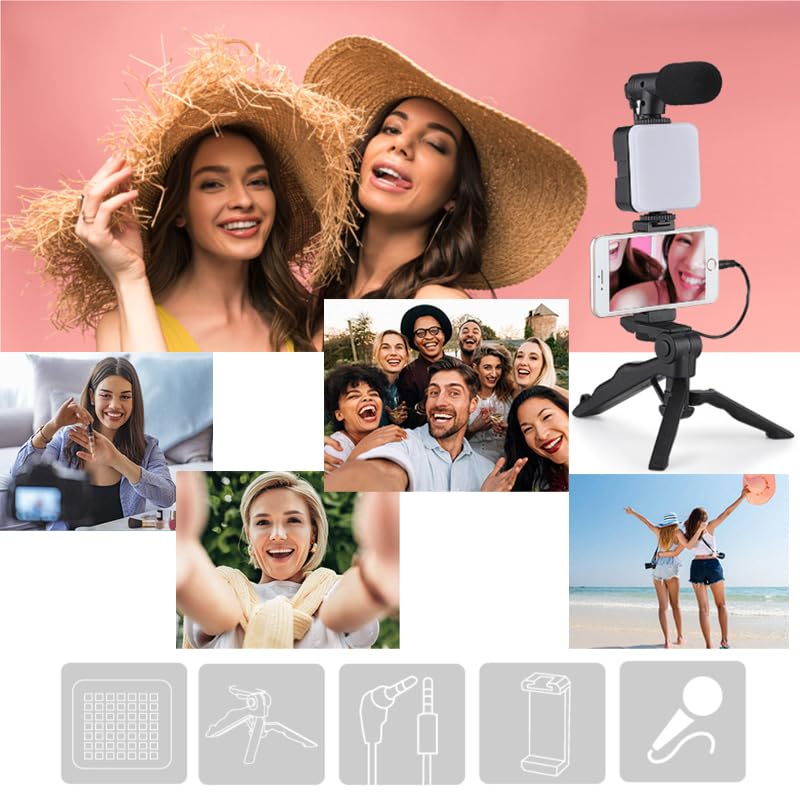 HuaerHui Vlogging Starter Kit with Mini LED Video Light + Shotgun Microphone + Universal Cellphone Holder Clip + Pistol Grip Tripod Compatible with Smart Phones/Cameras