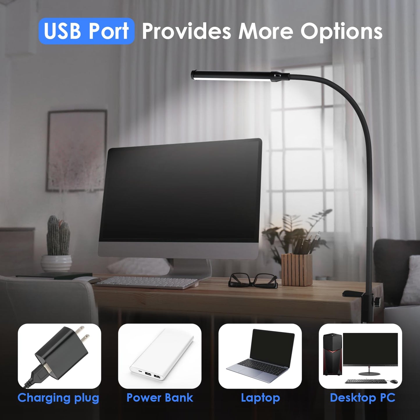 ShineTech LED Desk Lamp with Clamp, Clip On Desk Lamp for Home Office, 5000K Daylight White & Stepless Dimming, Flexible Gooseneck Architect Desk Light, Eye Caring Reading Lamp with USB Adapter - color: 5000K- Daylight White