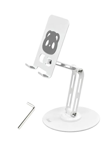 All-Metal Desk Phone Stand, 360° Rotating, 4-8" Phones & Tablets | Carbon steel base, dual-pole adjustment, panda face anti-slip pads, hex key, scratch-proof, heat-dissipating, case-friendly - color: white