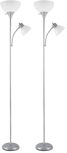 GLOBE Electric 67134 72" Torchiere Floor Lamp and Adjustable Reading Light, Silver, Frosted Shade, Dual Rotary Switch, 3-Step Dimming, Modern Lighting for Living Room or Office, Timeless (Pack of 2) - color: Silver, size: 2 Pack