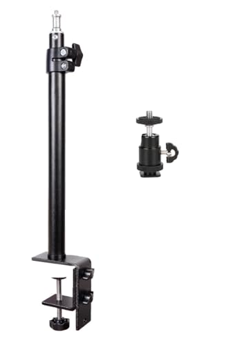 Camera Desk Mount with C Clamp, 18"-23" Adjustable Desktop Light Stands with 1/4" Ball Heads Cold Shoe Adapters, Sturdy Metal Clamp for Webcam, DSLR Camera, Ring Light, Microphone, Max Load 2kg