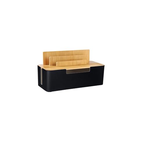 Cable Management Box with Wooden Lid, Multi-Device Organizer for Phones/Tablets/Smartwatches, Desktop Cord Organizer for Tidy Workspace (Black) - color: Black