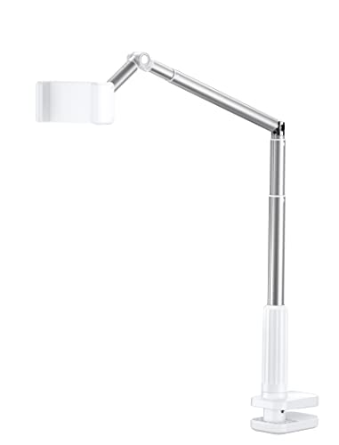 JSAUX Phone Holder for Desk and Bed Compatible with iPhone 16 15 14 13 12 Overhead Phone Mount Gooseneck Phone Stand Flexible 360 Lazy Long Arm Clamp Clip for Table Bedside [1-Pack, White] - color: White