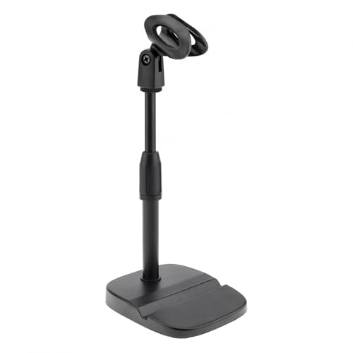 RTNLIT Desktop Mic Stand with Phone Holder, Adjustable Desk Mic Stand with Mic Clip Compatible with Max 1.7 inch Diameter Microphone, Weighted Base, 5/8" to 3/8" Screw Adapter, Height 9.8" to 13.4"