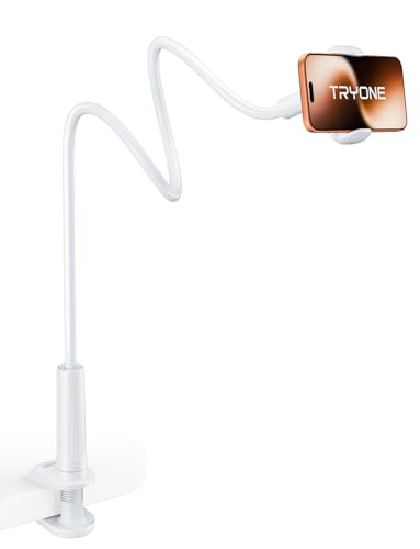 Tryone Gooseneck Phone Holder Stand for Bed Flexible Arm Adjustable Cell Phones Mount Clamp on Desk Bedframe Compatible with iPhone 14 Pro Max 13 12 11 X SE Series/Samsung S22 or Other 4"-7" Devices - color: White