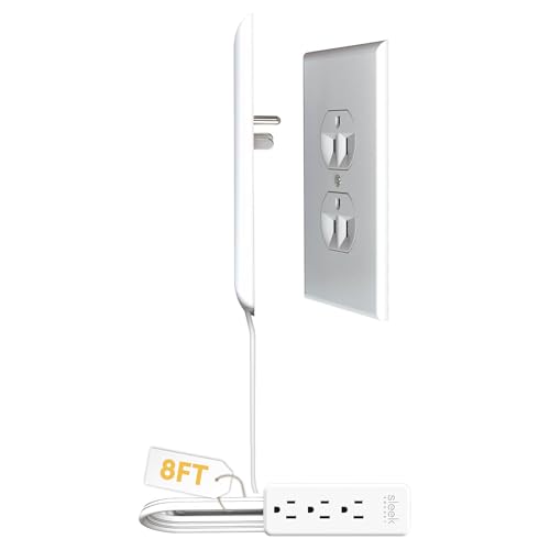 Sleek Socket Original & Patented Ultra-Thin Outlet Concealer with Cord Concealer Kit, Flat Extension Cord with Multi Outlets Power Strip, Ideal for Home Improvement, Hide Bulky and Messy Cords - size: 8 ft - Single Cord, style: Inverted Outlet