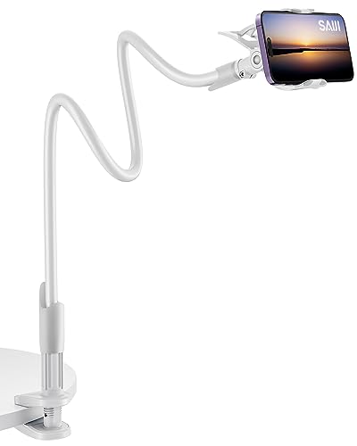 SAIJI Gooseneck Cell Phone Holder, Clamp Universal Lazy Mount Clip Hands Free Flexible Long Arm Bracket Grip for 4.0-6.3 Phones Mobile Stand Baby Monitor for Desk, Bed, Office, Kitchen (White) - color: White, size: 33.5 in